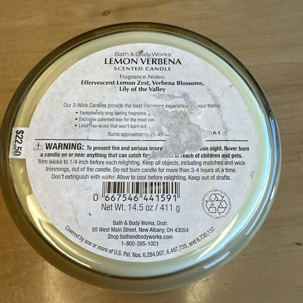 NEW WHITE BARN BATH & BODY WORKS LEMON VERBENA SCENTED 3-WICK 14.5 OZ CANDLE